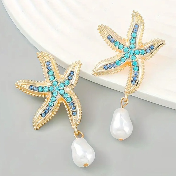 Jewelry - Gold Starfish Earrings with Blue Rhinestones & Pearl Drop NEW NWT Coastal